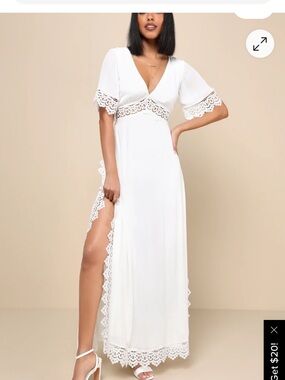 Lulu's Sweeten the Occasion White Lace-Trim Maxi Dress with V-Neck